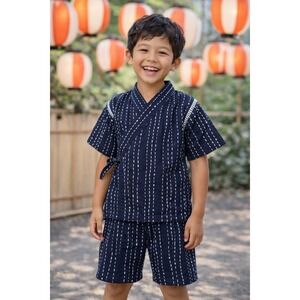 Japanese Jinbei Boys Cotton Pajama Set Navy Blue Traditional Kimono Size 120